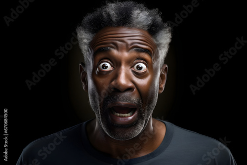 Surprised African American man on black background. Neural network generated image. Not based on any actual person or scene.