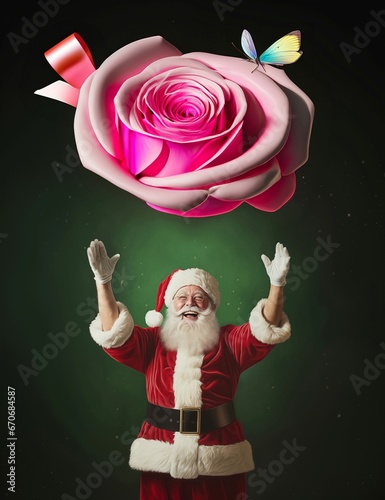 Santa Claus smiling with his arms outstretched above his head. Gives everyone a huge pink 3d rose with decorative ribbon. The rose symbolizes love, beauty, and the butterfly on it symbolizes tendernes photo