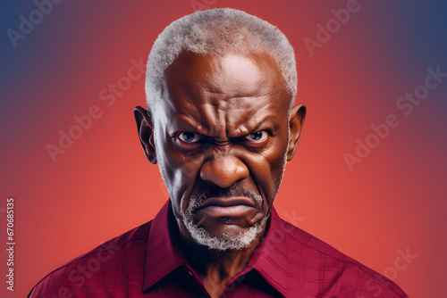 angry African American man in red shirt, head and shoulders portrait on red background. Neural network generated image. Not based on any actual person or scene.