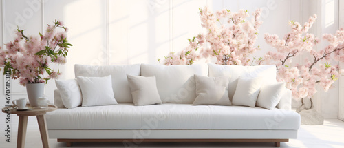 Modern living room design with white sofa and decorative blooming cherry blossoms. generative Ai