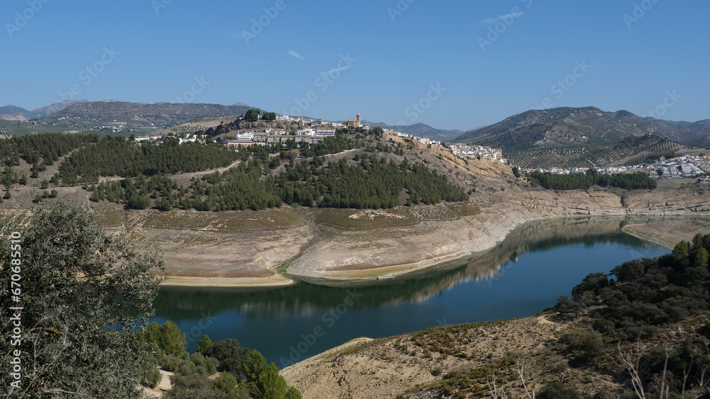 View on the reservoir and the village of Iznajar, Spain