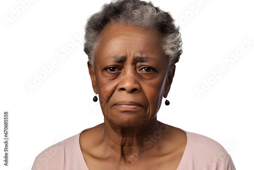 Crying senior African American woman, head and shoulders portrait on white background. Neural network generated image. Not based on any actual person or scene. photo