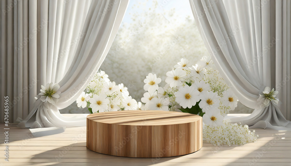 3D wooden & white podium table, bathed in sunlight, embodies luxury and sophistication, ideal for showcasing cosmetic, skincare, and fashion products 3D wooden & white podium table, bathed in sunlight, embodies luxury and sophistication, ideal for showcasing cosmetic, skincare, and fashion products
