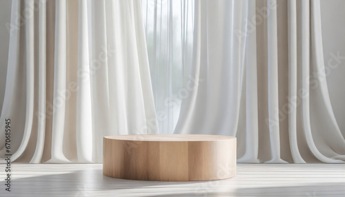 3D wooden & white podium table, bathed in sunlight, embodies luxury and sophistication, ideal for showcasing cosmetic, skincare, and fashion products