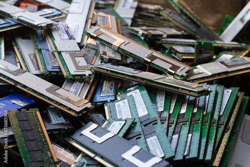 recycled computer memory cards. pile of recycled RAM sticks