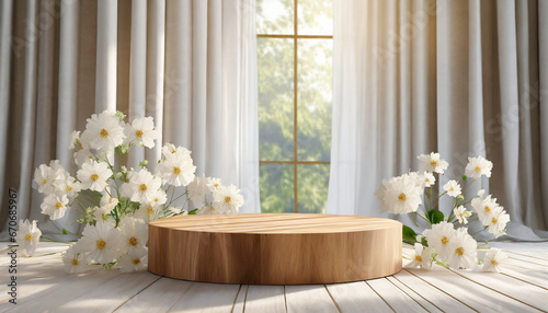3D wooden & white podium table, bathed in sunlight, embodies luxury and sophistication, ideal for showcasing cosmetic, skincare, and fashion products