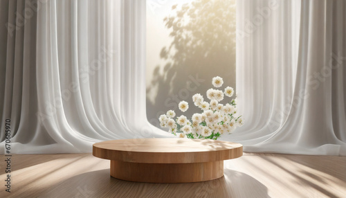 3D wooden   white podium table  bathed in sunlight  embodies luxury and sophistication  ideal for showcasing cosmetic  skincare  and fashion products