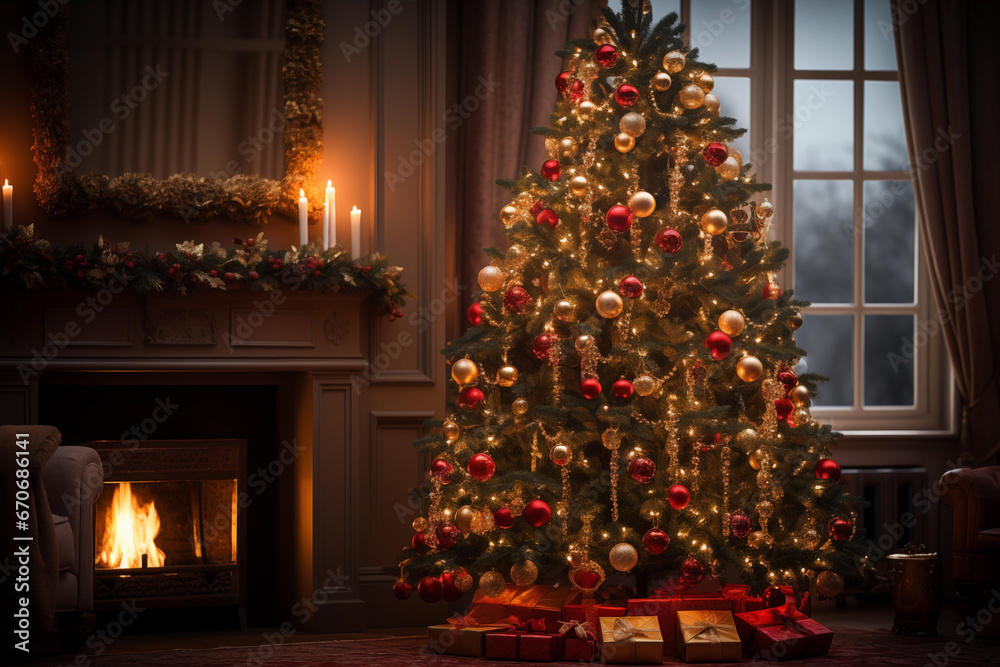 A decorated Christmas tree in a living room with a fireplace.
