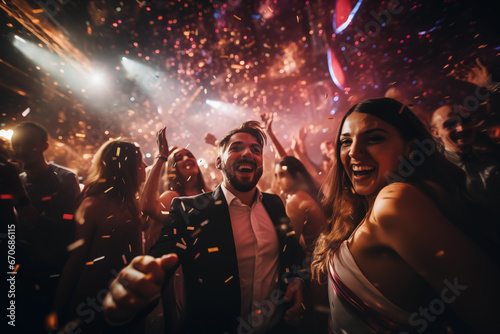 group of people dancing in nightclub , happy new year