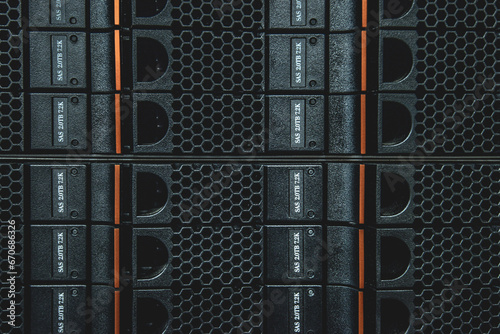 close up shot of a disk array on the server photo