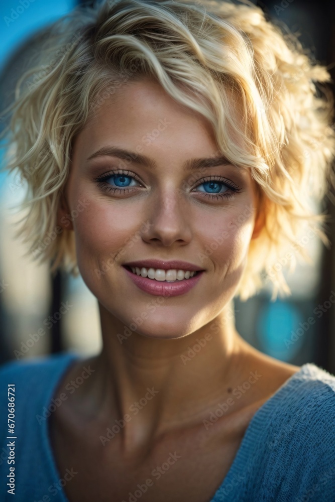 Beautiful blonde woman with short hair and blue eyes , ruddy skin, beautiful, full lips, a minuscule amount of clothing, smiling, feeling of lightness and joy. Generative Ai. Beautiful blonde woman with short hair and blue eyes , ruddy skin, beautiful, full lips, a minuscule amount of clothing, smiling, feeling of lightness and joy. Generative Ai.