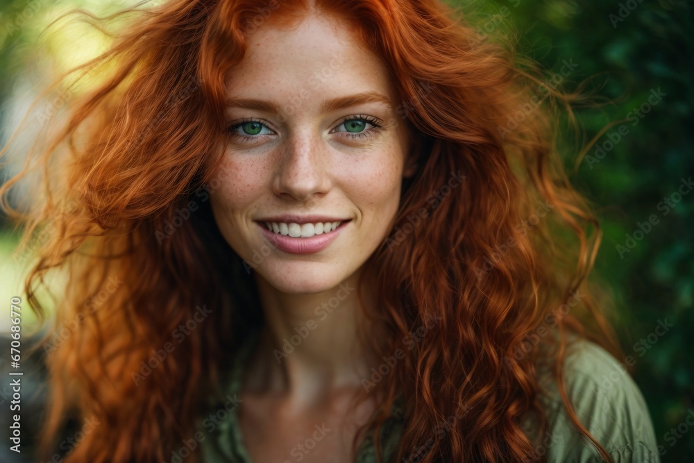 Fototapeta premium Beautiful red-haired woman with long hair and green eyes , ruddy skin, beautiful, full lips, a minuscule amount of clothing, smiling, feeling of lightness and joy. Generative Ai.