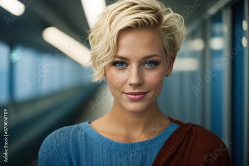 Beautiful blonde woman with short hair and blue eyes , ruddy skin, beautiful, full lips, a minuscule amount of clothing, smiling, feeling of lightness and joy. Generative Ai. photo