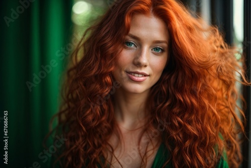 Beautiful red-haired woman with long hair and green eyes , ruddy skin, beautiful, full lips, a minuscule amount of clothing, smiling, feeling of lightness and joy. Generative Ai.