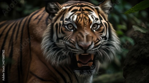 Close up of a tiger with open mouth, Panthera tigris altaica