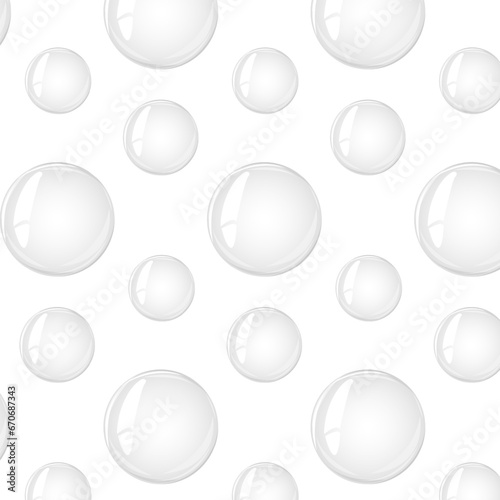 Seamless pattern transparent water bubble. Soap bubble, crystal glass ball. Beauty product, moisture, skincare transparent bubbles top view, scatter splashes © Yana
