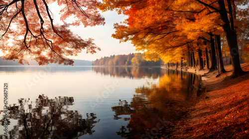 A serene lake mirrors the captivating colors of autumn leaves, creating an epic and highly detailed background that immerses you in the season's breathtaking beauty.