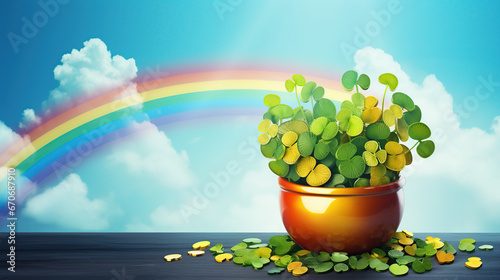 Cloverleaf, leprechaun, pot of gold, rainbow, banner with copy space, commercial