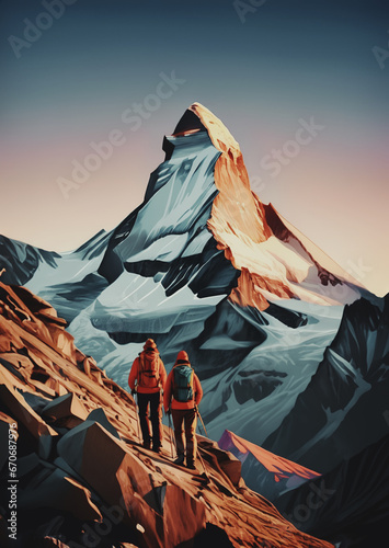 illustrazione di alpinisti in avvicinamento ad una cima innevata, alba con cielo limpido