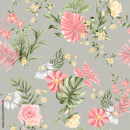 Watercolor leaves pattern  green and pink foliage  yellow flowers  green background  seamless