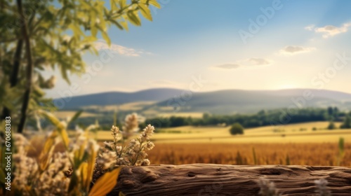 Product display background mockup. Beautiful wheat meadow field backdropfor beverages, milk, wheat and other food products. Frontal view.