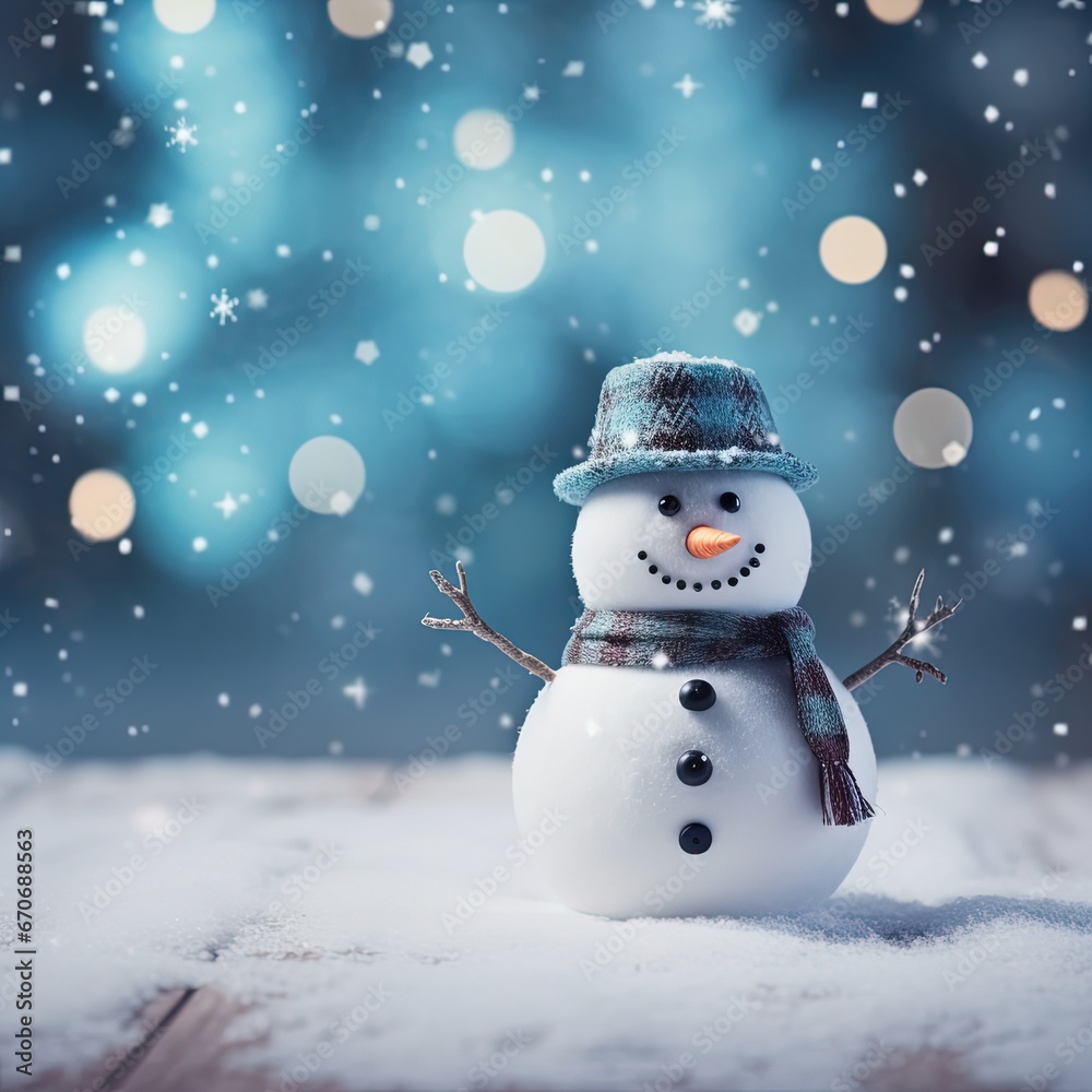 Christmas winter background with snowman and blurred bokeh Christmas winter background with snowman and blurred bokeh