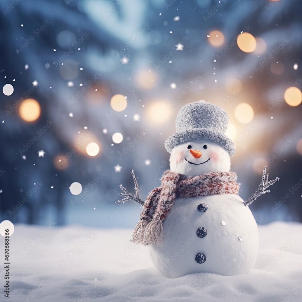 Christmas winter background with snowman and blurred bokeh