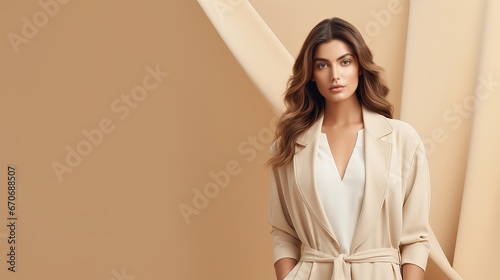Elegant Woman Posing in Trendy Beige Coat Against Monochrome Background