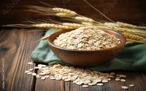 Oat flakes in a bowl on the old board