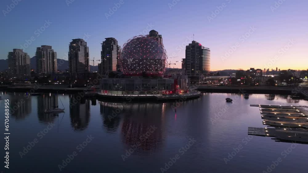 beautiful orbital view at sunrise of science world, vancouver . High quality 4k footage beautiful orbital view at sunrise of science world, vancouver . High quality 4k footage