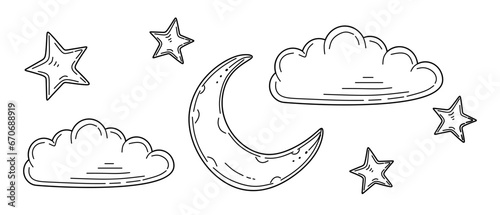 Hand drawn moon, clouds and stars. Good night concept in doodle style. Sketch of night background, bedtime stories. Night Sky with Lot of stars and clouds for invitation card, prints, posters. Vector