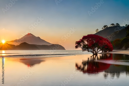 Panoramic view of Pohutukawa red flowers blossom on the month of December in doubtless bay New Zealand. photo