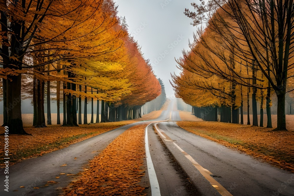 The road covered with autumn leaves.