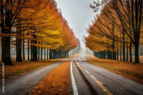 The road covered with autumn leaves.