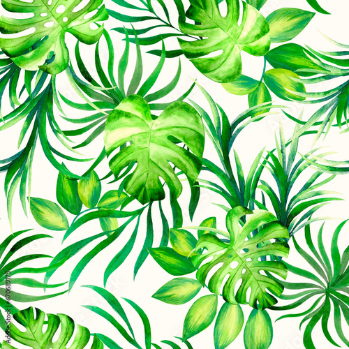 Seamless print, pattern watercolor Foliage, green leaf, tropical leaves, white background photo