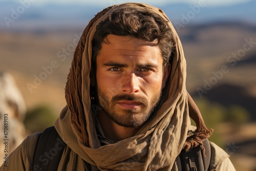 Portrait of a Muslim man wearing a head covering. Mountains in the background. photo