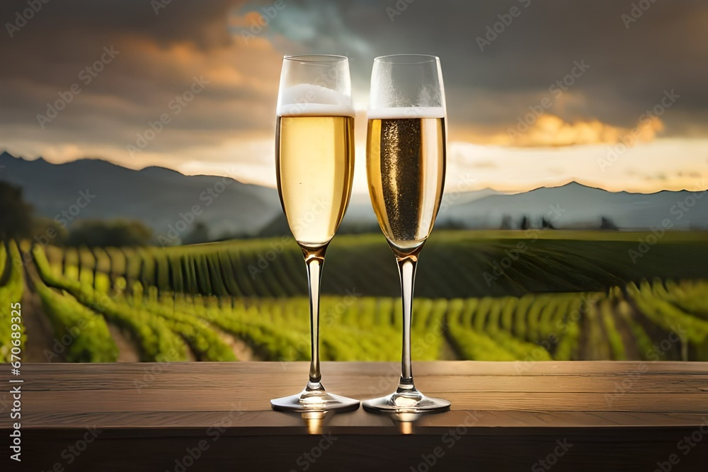 Toasting with two glasses of Champagne in the vineyard.