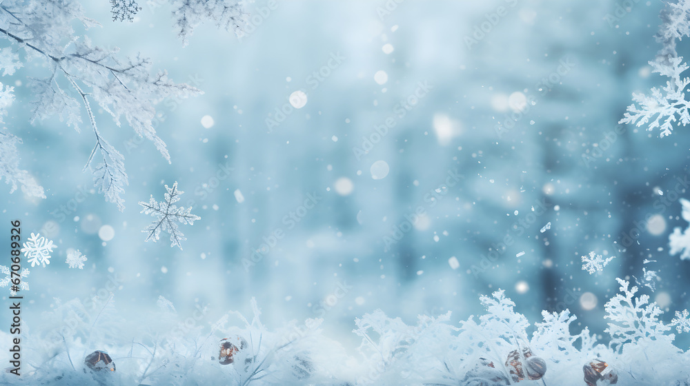 Christmas time Background, Snow on the trees and snow flakes - Generative Ai