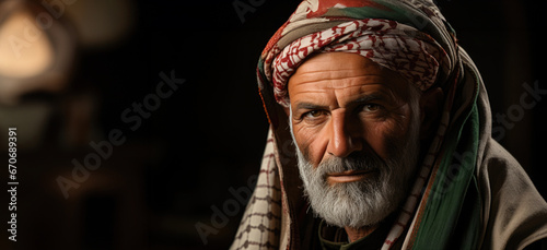 Portrait of an elderly Muslim man wearing a turban on a black background. photo