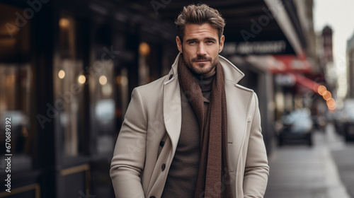 Male during the fall walking in the city - Generative AI