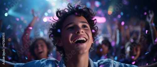 Happy teenager dancing and having fun in a disco bar in neon lights. Nightlife of active youth. Party and entertainment concept
