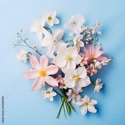 Bouquet of beautiful spring flowers on pastel blue table top view. Flat lay