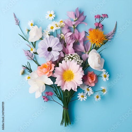Bouquet of beautiful spring flowers on pastel blue table top view. Flat lay