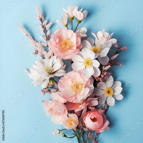 Bouquet of beautiful spring flowers on pastel blue table top view. Flat lay