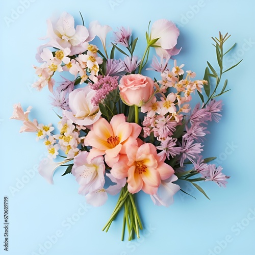 Bouquet of beautiful spring flowers on pastel blue table top view. Flat lay