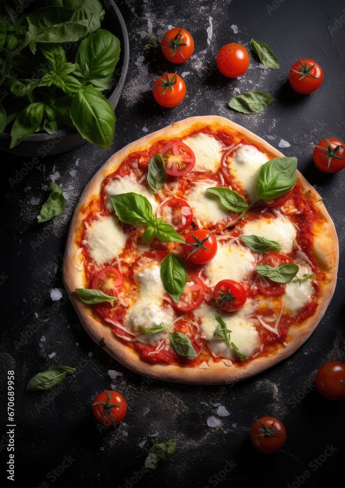 Close up front view of fresh hot pizza on black stone luxury table, junk food . Generative Ai. Close up front view of fresh hot pizza on black stone luxury table, junk food . Generative Ai.
