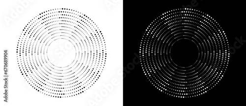 Modern abstract background. Halftone dots in circle form. Round logo, design element or icon. Vector dotted frame. A black figure on a white background and an equally white figure on the black side.