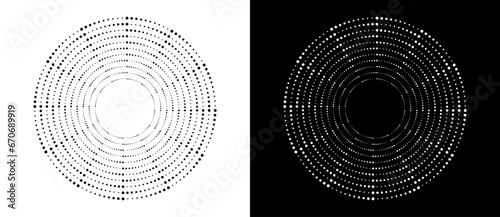 Modern abstract background. Halftone dots in circle form. Round logo, design element or icon. Vector dotted frame. A black figure on a white background and an equally white figure on the black side.