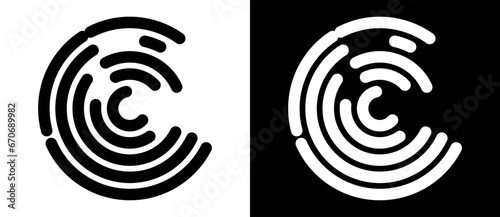 Letter C icon or logo, fingerprint concept. Black shape on a white background and the same white shape on the black side.