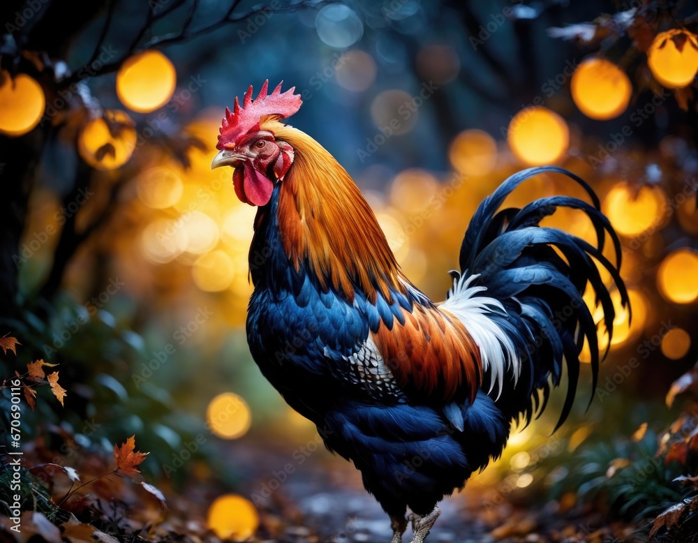 Сolorful Rooster Portrait with bokeh Autumn Background with bokeh Lights